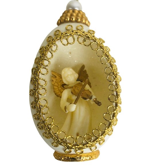 Eggshell Christmas Ornaments Musical Angels Gold Trim Pearl Set of 6 Vintage - Picture 3 of 12
